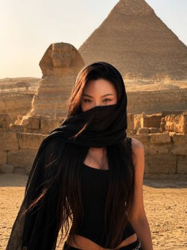 A photo of a woman with long dark hair wearing a black outfit and face covering, posing in front of the Great Pyramid of Giza and the Sphinx in Egypt during sunset.