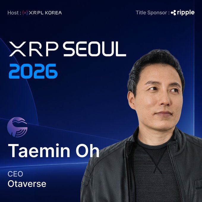 A promotional graphic for 'XRP SEOUL 2026' featuring a man identified as 'Taemin Oh, CEO of Otaverse', hosted by XRPL Korea with title sponsor ripple.
