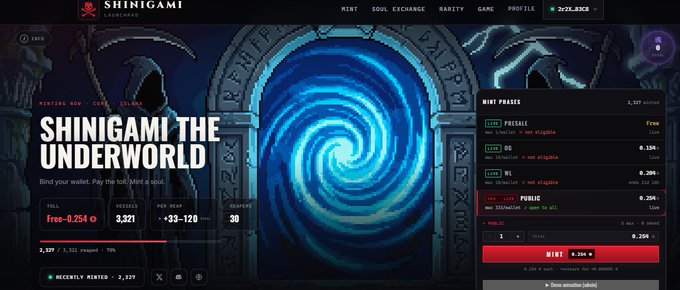 A screenshot of the Shinigami Loungecards NFT minting page for 'SHINIGAMI THE UNDERWORLD' (Minting ID: 2464), showing a blue swirling portal image, mint phases, and a current mint price of 0.33 ETH.