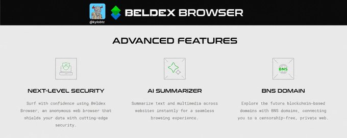 A webpage banner for "BELDEX BROWSER" (@kyhdotc) with sections titled "NEXT-LEVEL SECURITY", "AI SUMMARIZER", and "BNS DOMAIN" under an "ADVANCED FEATURES" heading.