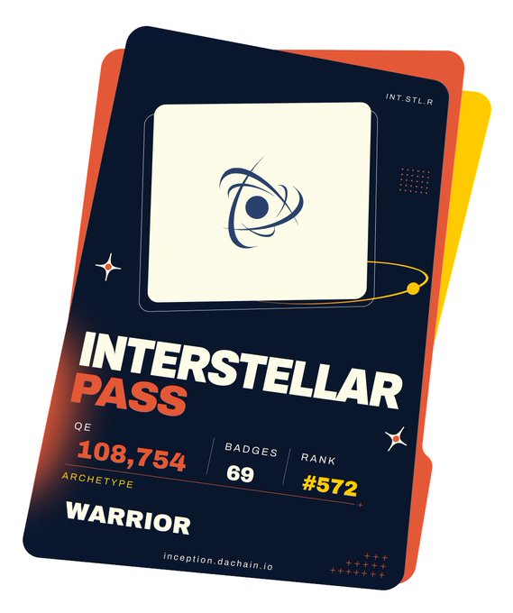 A digital trading card styled as an 'Interstellar Pass' for archetype 'Warrior' on inception.dachain.io, showing QE 108,754, 69 Badges, and Rank #572, with stacked red, yellow, and dark blue card backings.