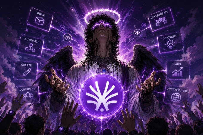 The image features a large group of people gathered around an angel figure holding a purple circle with a white dot inside. The people appear to be engaged in various activities related to the central figure and the purple circle. This scene suggests that there might be some sort of event or gathering, possibly related to the @ActionModelAI project, where participants are actively involved in creating workflows, testing ideas, and building projects around the central figure and the purple circle. The image conveys a sense of community and collaboration among the people present.