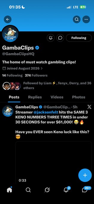A mobile phone screen showing the X/Twitter profile for 'GambaClips' (@GambaClipsHQ), describing itself as 'The home of must watch gambling clips!' with 374 followers.