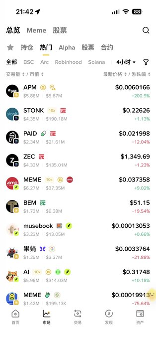 A cryptocurrency trading app in Chinese displaying various meme coin prices, including APM at $0.00601166, STONK at $0.22626, ZEC at $1,349.69, and MEME at $0.037358.