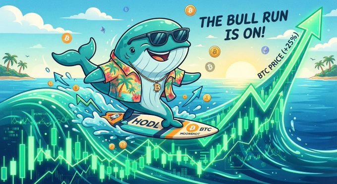A cartoon illustration of a whale wearing sunglasses and a Hawaiian shirt surfing on a wave of Bitcoin charts, with text reading 'THE BULL RUN IS ON!' and 'BTC PRICE (+25%)'.