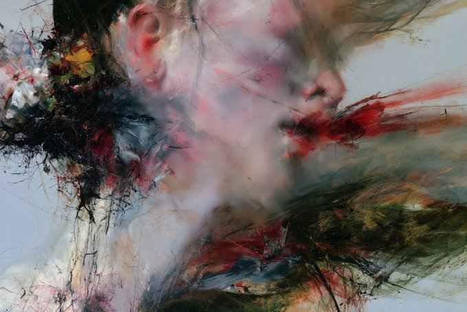 An abstract painting of a face created with thick, blurry strokes of red, black, and white paint.