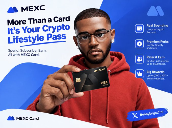 A promotional advertisement for the 'MEXC Card' showing a man in a red hoodie holding up the card, with text highlighting 'More Than a Card It's Your Crypto Lifestyle Pass' and features like 'Real Spending' and 'Premium Perks'.