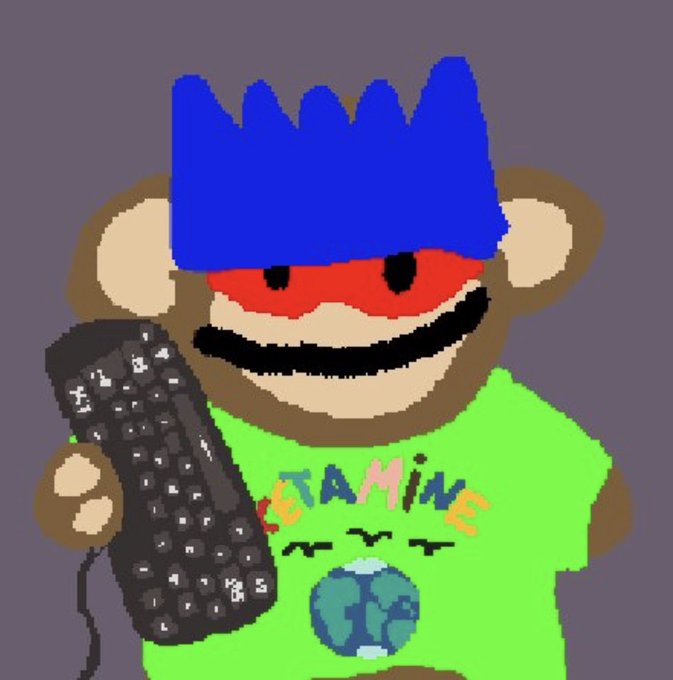 A crudely drawn cartoon monkey puppet with blue spiky hair, a red mask, and a green shirt reading "LETAMINE" holds a remote control. The image appears to be a fan-made depiction of a "Bitcoin puppet," matching the post's excitement about finally completing a set of Bitcoin Puppets NFT collectibles.