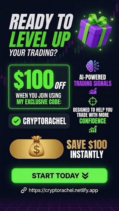 A promotional graphic reading 'READY TO LEVEL UP YOUR TRADING?' offering '$100 OFF WHEN YOU JOIN USING MY EXCLUSIVE CODE: CRYPTORACHEL' with AI-powered trading signals branding and a link to cryptorachel.netlify.app.