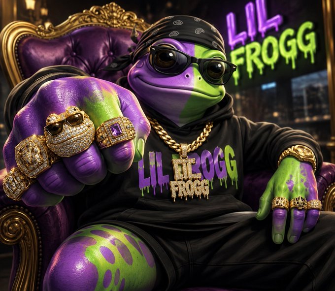 A purple and green anthropomorphic frog character wearing a black bandana, sunglasses, and a "LIL TROGG FROGG" hoodie sits on an ornate purple throne, displaying an opulent array of diamond-encrusted rings and gold chains with a "LIL FROGG" graffiti logo glowing in the background—visually matching the post's message of a self-crowned "boss era" dripping in luxury and wealth.