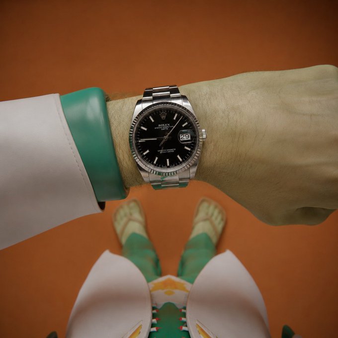 A first-person view looks down at a wrist wearing a silver Rolex Oyster Perpetual Date watch and a green silicone bracelet, with the wearer's feet visible below against an orange floor.