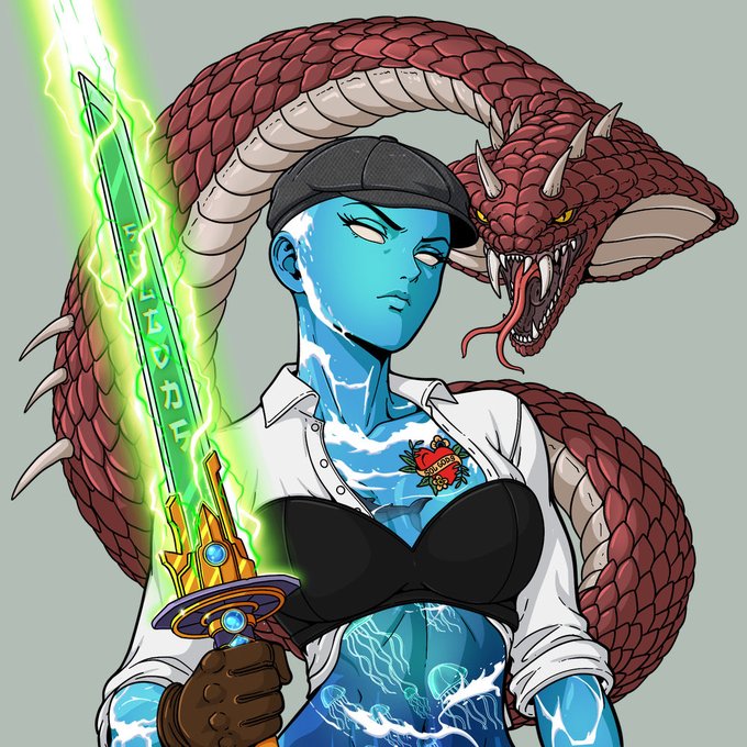 A fantasy illustration of a blue-skinned warrior woman wearing a cap and white shirt, holding a glowing green sword, with a large red serpent coiled behind her.