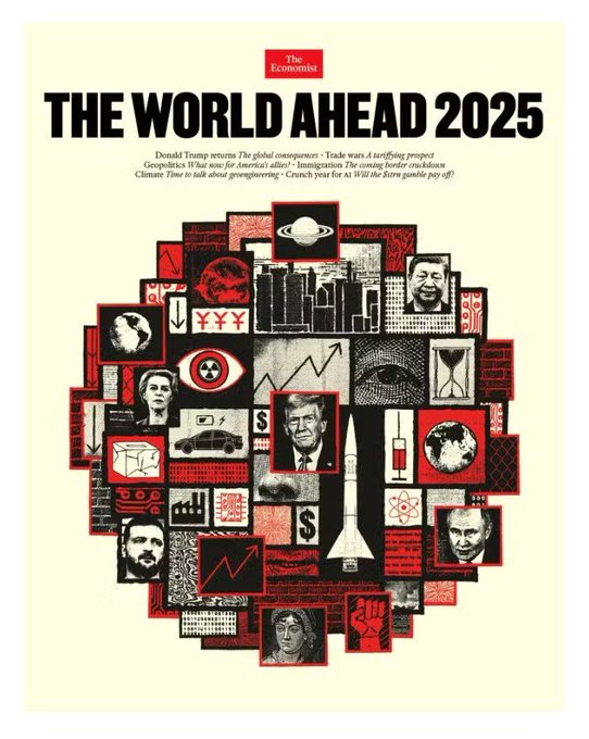 This is the cover of The Economist's "The World Ahead 2025" issue, featuring a collage of images and text including Donald Trump, Vladimir Putin, and Xi Jinping. The artwork's modular, pixelated style and focus on global events is echoed by Stellar's decentralized and interconnected philosophy.