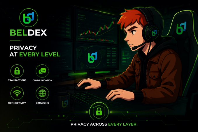 A promotional graphic for 'BELDEX' featuring an anime-style character at a computer with the text 'PRIVACY AT EVERY LEVEL' and icons for 'TRANSACTIONS', 'COMMUNICATION', 'CONNECTIVITY', and 'BROWSING'.