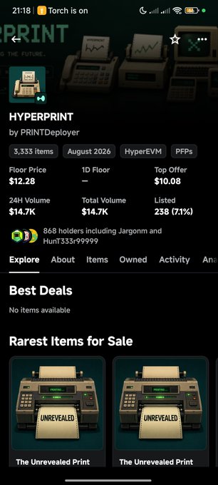 A mobile screenshot of the "HYPERPRINT" NFT collection page by PRINTDeployer shows a floor price of $12.28, 24H volume of $14.7K, and 3,335 items, with rare "The Unrevealed Print" items listed for sale. The image relates to the post by showing a hyperEVM NFT marketplace where the token's value has surged from $1 to over $12, illustrating the potential gains being promoted.