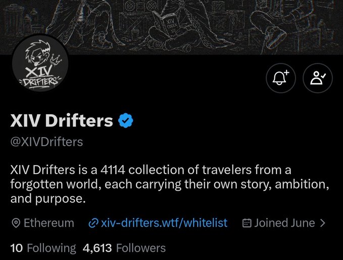 A screenshot of the verified Twitter/X profile for "XIV Drifters" (@XIVDrifters) showing 4,613 followers, with the bio describing it as a 4,114 collection of travelers from a forgotten world on the Ethereum network, providing the project details referenced in the giveaway post.