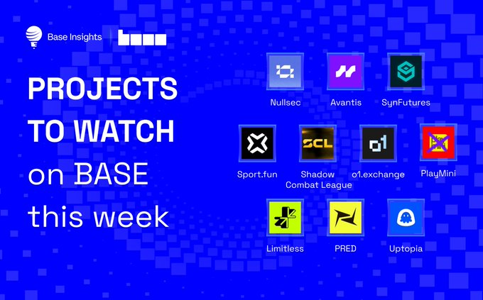 The image features a blue background with white text that reads "Base insights Projects To Watch On Base this week". Below the title, there are several small squares containing different app names or logos related to various projects. The image also includes a caption below the title, which provides information about these projects and their relevance to the current post.