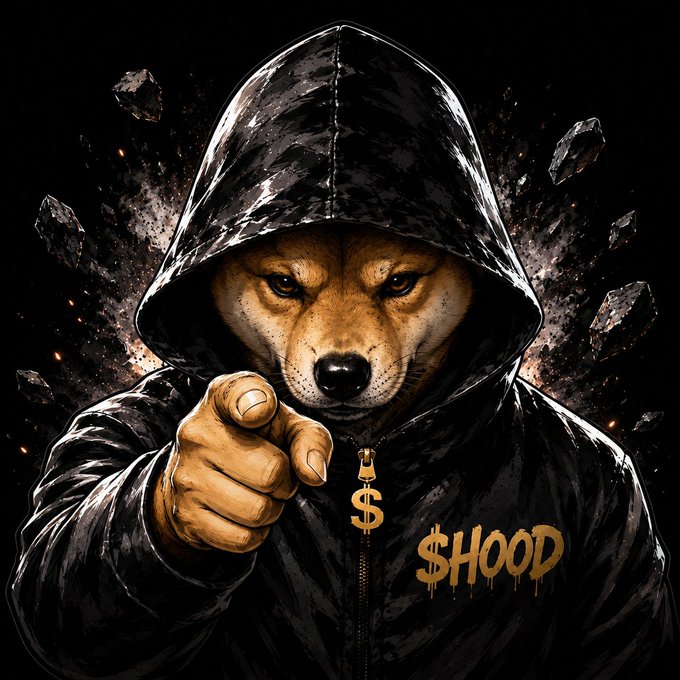 Digital art of a dog wearing a black hoodie with a gold dollar sign zipper pull, pointing at the viewer, with the text '$HOOD' in graffiti-style font.