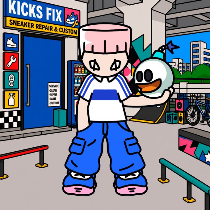 A colorful cartoon-style character with pink hair, a blue and white striped shirt, and blue cargo pants holding a bomb-like character with a smiling face, standing outside a shop labeled 'KICKS FIX SNEAKER REPAIR & CUSTOM' with a service list including 'CLEAN', 'REPAIR', 'PAINT', and 'CUSTOM'.