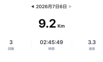 A minimalist fitness tracking screen dated 2026年7月6日 (July 6, 2026) showing 9.2 Km distance, 3 rounds (回数), time 02:45:49, and speed (速度) 3.3.