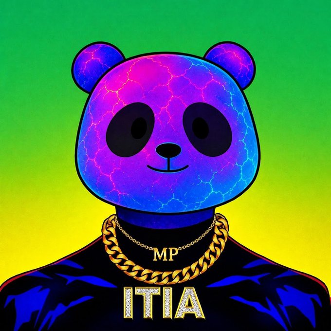 A colorful digital illustration of a panda-headed character wearing gold chains with 'MP' and 'ITIA' pendants, set against a green and yellow gradient background.