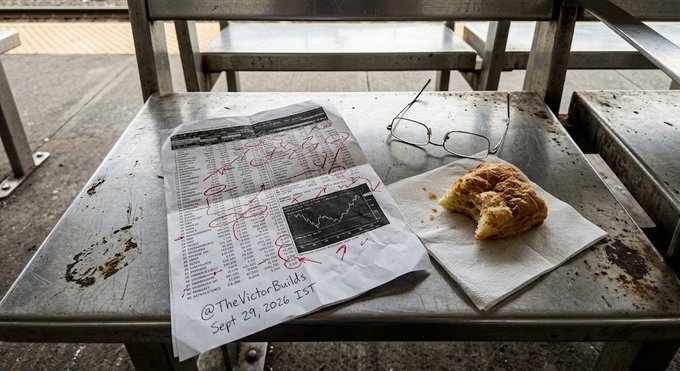 A weathered metal table holds a financial document with red handwritten annotations, a pair of reading glasses, and a partially eaten pastry on a napkin, marked '@TheVictorBuilds Sept 29, 2026 1st'.