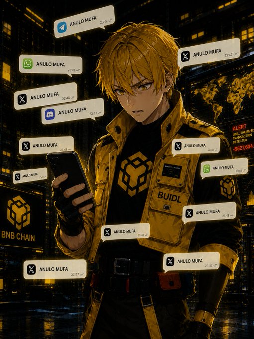 An anime-style digital illustration of a blond character in a yellow jacket holding a smartphone, surrounded by numerous social media message bubbles reading 'ANULO MUFA' and a BNB Chain logo.