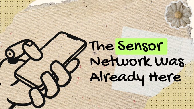 An illustration on a textured cardboard background showing a robotic character reaching up, with the text 'The Sensor Network Was Already Here' (highlighting 'Sensor' in green), and a small flower in the corner.
