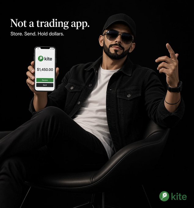 An advertisement for the 'kite' app featuring a man in a black cap, sunglasses, and denim jacket holding a phone displaying $1,450.00, with text reading 'Not a trading app. Store. Send. Hold dollars.'