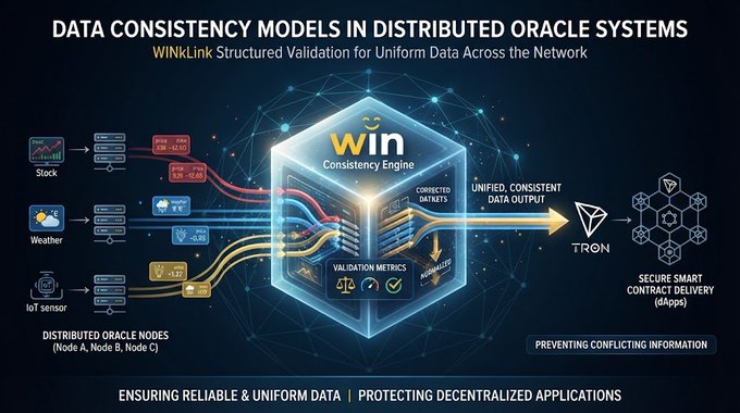 The image illustrates "Data Consistency Models in Distributed Oracle Systems" featuring the WINkLink Consistency Engine, which takes inputs from Stock, Weather, and IoT Sensor data sources across distributed nodes (Node A, B, C) and applies structured validation with metrics and thresholds to produce uniform, consistent data output delivered to TRON-based smart contracts (dApps). The graphic visually reinforces the caption by showing how WINkLink prevents conflicting information from reaching decentralized applications through its validation pipeline, which filters and standardizes varied data streams (such as stock prices like AAPL 0.98 and weather readings like 18°C) before final delivery.