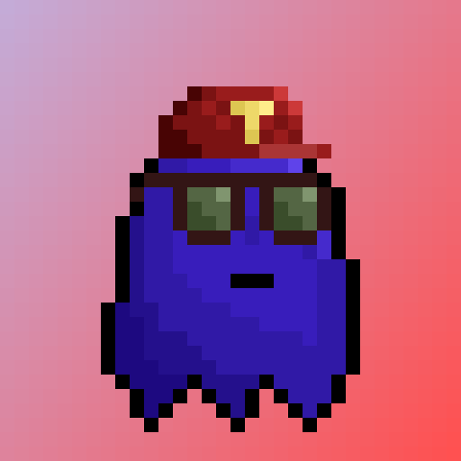 A pixel art purple ghost-like character wearing a red cap with a yellow 'T' on it, displayed against a pink gradient background.