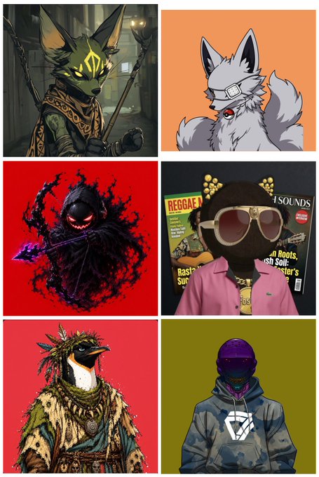 A 2x3 grid of stylized character art including a fox with glowing yellow markings, a white wolf with a blindfold, a shadowy figure with a scythe, a person in a pink shirt with sunglasses, a bird-like warrior, and a figure in a purple mask and camo hoodie.
