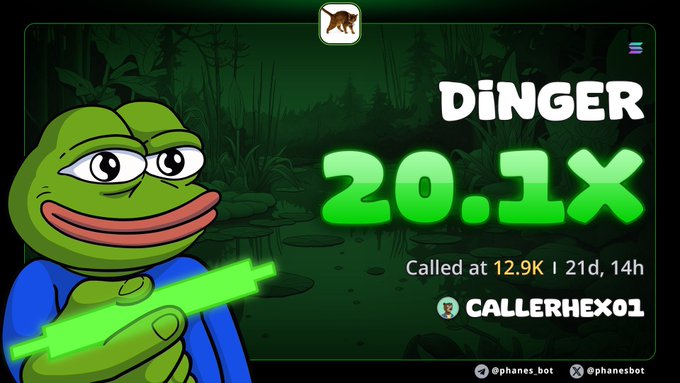 A tweet/repost featuring Pepe the Frog character with a green laser gun, displaying 'DİNGER 20.1X Called at 12.9K | 21d, 14h @CALLERHEX01' from @phanes.bot.