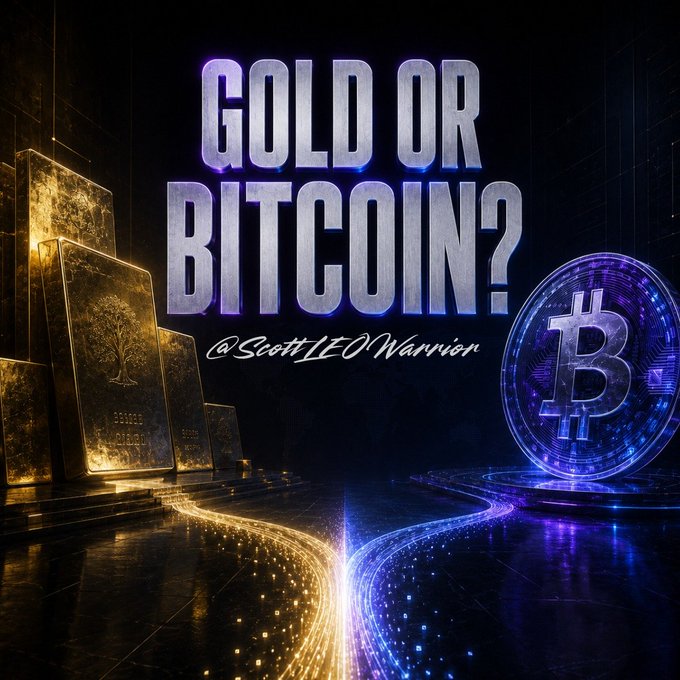A dramatic split scene features gold bars on the left and a glowing Bitcoin on the right, with a stream of light flowing between them beneath the bold text "GOLD OR BITCOIN?" and the handle "@ScottLEOWarrior," visually capturing the comparison between gold's $32.5T market cap and Bitcoin's $1.55T as referenced in the post.
