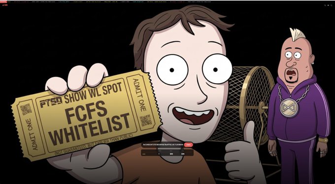 A YouTube thumbnail featuring a cartoon character holding two gold tickets labeled 'FCFS WHITELIST' for a 'PTSD SHOW WL SPOT', with another cartoon character in a purple tracksuit standing next to a large fan.