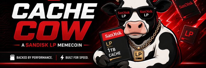 A cartoon cow wearing SanDisk LP sunglasses and a gold chain holds a 1TB SanDisk LP CACHE SD card, promoting "$CACHE COW" as a "Sandisk LP Memecoin" with the taglines "Backed by Performance" and "Built for Speed." The image cleverly blends SanDisk's storage branding with the memecoin's cow mascot, visually playing on the double meaning of "cache"—as both a computer memory component and a valuable asset—matching the post's theme of the token being a memorable "cash cow" worth storing attention in.