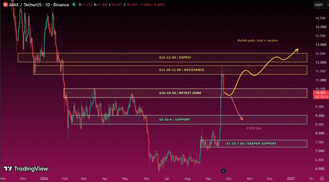 TradingView chart of AVAX/TetherUS on Binance, showing price zones including supply ($12-12.50), resistance ($11.30-11.80), retest zone ($10-10.50), support ($8.50-9), and deeper support ($7.20-7.60), with a 'Bullish path hold = reclaim' annotation.