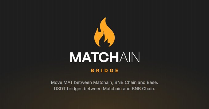 The Matchain Bridge promotional graphic features a flame logo above the "MATCHAIN BRIDGE" branding on a dark background, with text announcing that MAT can be moved between Matchain, BNB Chain, and Base, while USDT bridges between Matchain and BNB Chain.