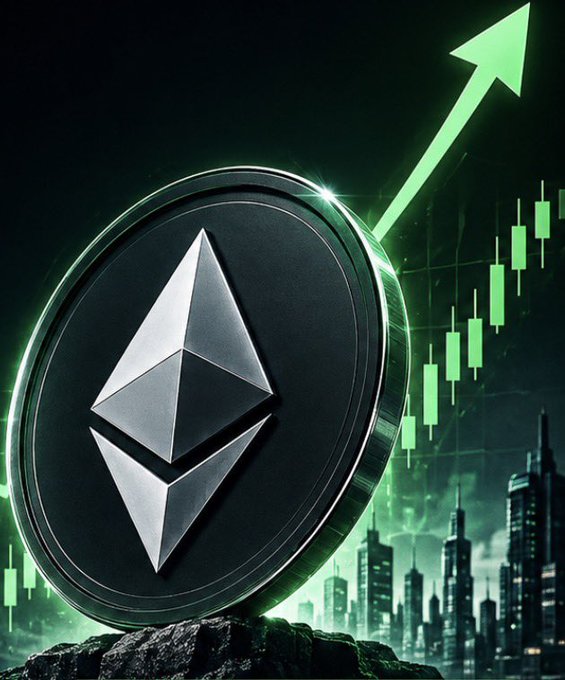 An Ethereum (ETH) coin sits prominently in the foreground, with a rising green arrow and bullish candlestick chart climbing in the background, visually reinforcing the post's message of ETH's strong upward momentum and growing market recognition as a foundational settlement layer.