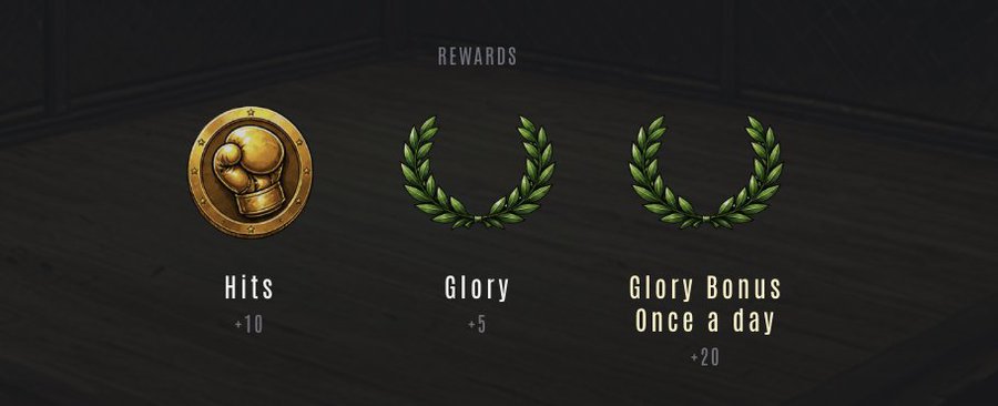 A video game 'REWARDS' screen displaying three earned achievements: a gold boxing glove medal for 'Hits +10', and two green laurel wreaths for 'Glory +5' and 'Glory Bonus Once a day +20'.