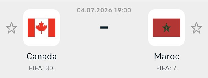 A sports fixture card showing an upcoming match between Canada (FIFA: 30) and Morocco/Maroc (FIFA: 7), scheduled for 04.07.2026 at 19:00.
