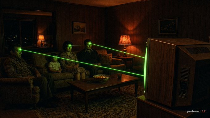 A retro-styled image of a family sitting on a couch in a dimly lit living room watching an old wooden television, with all family members' eyes glowing bright green as laser beams emit toward the TV, watermarked 'profound.AF' in the corner.