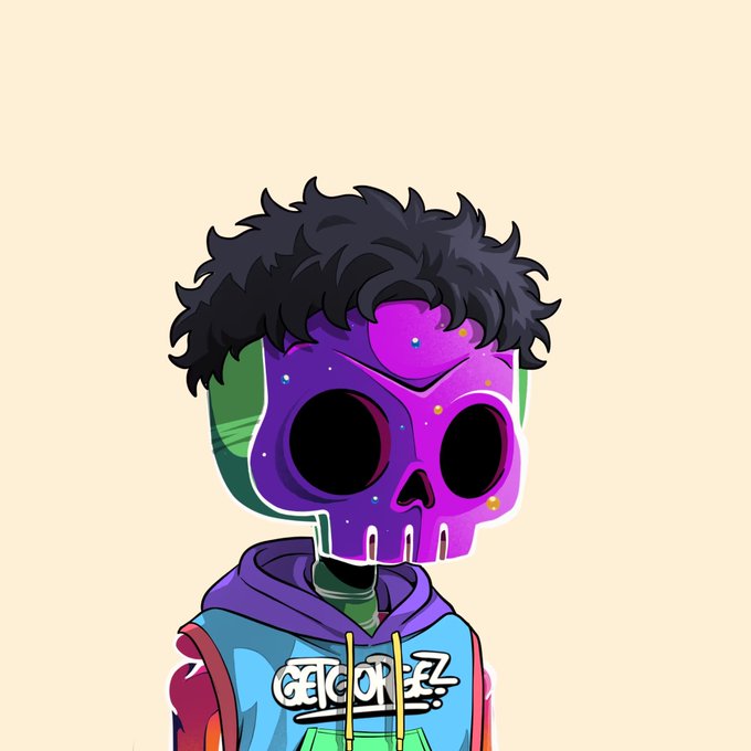 An illustrated character wearing a purple skull mask with glowing dots, dark messy hair, and a colorful hoodie with 'CRACKER' text on it.