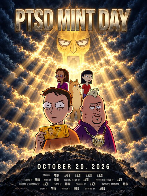 A movie poster parody titled 'PTSD MINT DAY' dated October 20, 2026, depicting cartoon characters including one holding a 'PTSD 通貨' ticket, with all credits listed as 'ANON'.