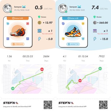 The image shows two different screens displaying information about a fitness tracking app, likely used for running or walking. The first screen displays a map of a city with buildings and roads, while the second screen features a list of shoes available for purchase within the app. Both screens provide details on how to use the app and what it offers in terms of tracking progress and purchasing items related to fitness activities.