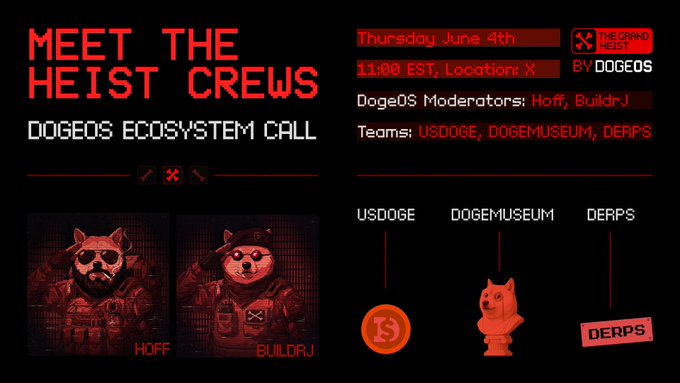 The image features a poster for an event called "Meet The Heist Crews". It includes two cartoon images of dogs wearing suits, with one dog positioned above the other. The text on the poster provides information about the event, such as the date (Saturday June 4th), time (11:30 EST), and location (DogeOS Ecosystem Call). There is also a link to the event's website for more details or registration.