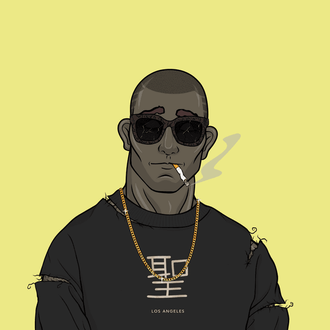 A cartoon illustration of a bald man wearing cracked black sunglasses, a gold chain, and a torn black "Loyalty Over Bullshit" t-shirt featuring a Los Angeles graphic, with a cigarette in his mouth—representing Hooligan #484, a Saints of LA NFT.