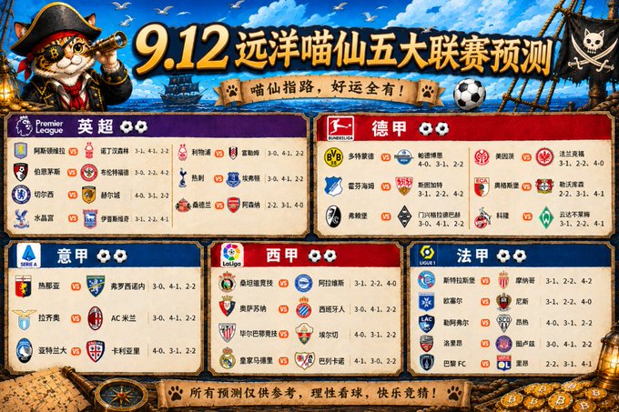 A pirate-themed Chinese football match prediction poster for 9.12, showing Premier League, Serie A, Serie B, La Liga, and Ligue 1 fixtures with predicted scores.