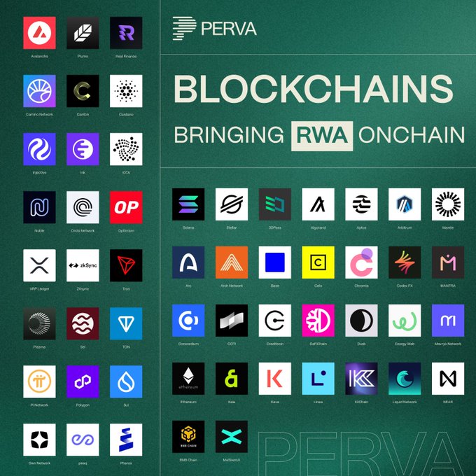 A promotional graphic titled 'BLOCKCHAINS BRINGING RWA ONCHAIN' by PERVA, displaying numerous blockchain and crypto project logos.