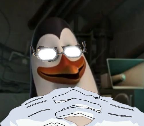 A penguin character wearing round glasses with glowing white lenses, with its hands clasped together.